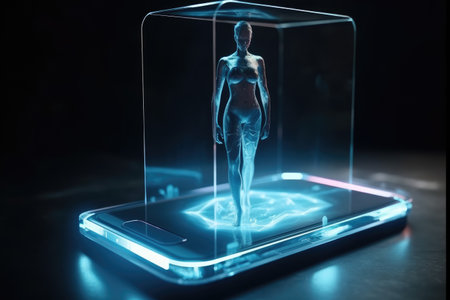 Cell phone of the future transparent invisible, mobile, Siri Alice hologram artificial intelligence, smartphone Ai, Metaverse and Blockchain Technology, innovative future data network.の素材