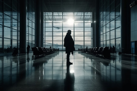 Waiting to board the plane. Terminal. airport. Air station transportation of passengers, flight, airplane. aircraft performing international transportation, departure lounge areaの素材
