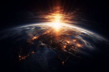 Hot day, the sun's heat comes upon the planet earth, envelops the earth in warm air, hot climates.の素材