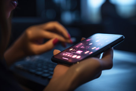 sms, text audio message, working with cell phone sending email, digital newsletter to manage relationship, social network, like, comment, share media functional, chat, chatting, mobile. Generative AIの素材