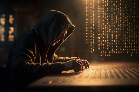 Cybersecurity, computer hacker with hoodie, vulnerability and hacker,coding,malware concept on server room background, metaverse digital world technology, breaks binary dataの素材