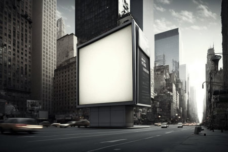 billboards and advertising signs at modern buildings in capital city, future, urbanist, science fiction, advertising banners mocap fantasy Blank marketing display board in modern city. Generative AIの素材