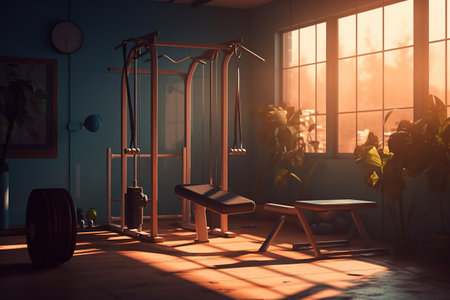 Equipment And Machines At The Modern Gym Room Fitness Center. interior with equipment. bodybuilding concept background. Crossfit .functional training. Practicing powerlifting Generative AI.の素材