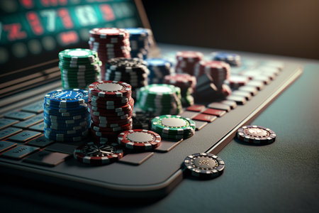 Banner for online casino, Texas club poker, poker, Las Vegas, gambling industry. Banner for App, mobile, desktop, tablet. Casino market, developers, concept virtual casino poker online. Generative AIの素材