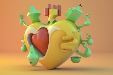 Heart. Cute cartoon healthy human anatomy internal organ character set with brain lung intestine heart kidney liver and stomach mascots. parts of living body organs in animated formの素材