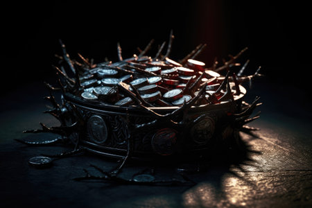 Judas 30 pieces of silver, sack thirty coins biblical symbol betrayal, religion, Bible A crown of thorns with thorns, a noose gallows ,creative reproduction of history Jesus Christ God.の素材