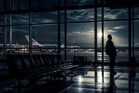 Waiting to board the plane. Terminal. airport. Air station transportation of passengers, flight, airplane. aircraft performing international transportation, departure lounge areaの素材