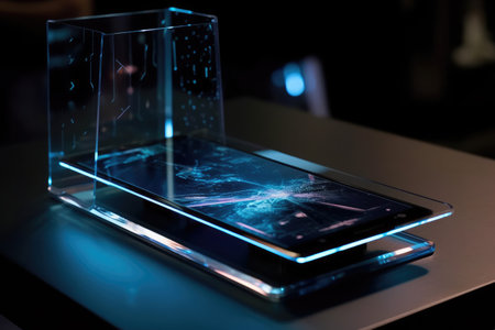 Cell phone of the future transparent invisible, mobile, Siri Alice hologram artificial intelligence, smartphone Ai, Metaverse and Blockchain Technology, innovative future data network.の素材