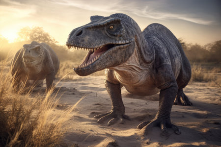 Dinosaurs. Extinct species of animals. Big strong toothy predators. Jurassic period. triceratops, T-rex, brontosaurus, pterodactyl stegosaurus pteranodon ceratosaurus, reptile.の素材
