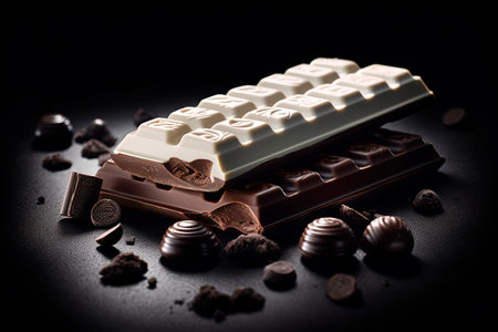 World Chocolate Day. Sweet and tasty snack, dark and white chocolate, candy bar, banner card. Candy Sweetly Creative and amazing picture. Cacaoの素材