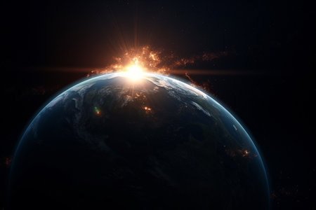 Hot day, the sun's heat comes upon the planet earth, envelops the earth in warm air, hot climates.の素材