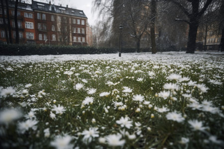 Sudden and unexpected cold snap in early spring, cold climate, spoiled weather, snow wind, early cold, morning frost, empty cities and streets, snow-covered landscapes, gloomy desolation.の素材