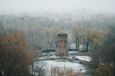 Sudden and unexpected cold snap in early spring, cold climate, spoiled weather, snow wind, early cold, morning frost, empty cities and streets, snow-covered landscapes, gloomy desolation.の素材