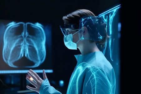 medicine in the future. Nanotechnology hologram innovation, Digital healthcare and network connection on hologram modern virtual screen interface, medical technology and network conceptの素材