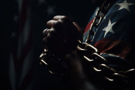 Black Lives Matter. The problem of culture, racism, and the descrImination of slavery. Juneteenth Emancipation Day. June 19. Freedom of Glosa Rights , fist of the chain Afro-Americanの素材
