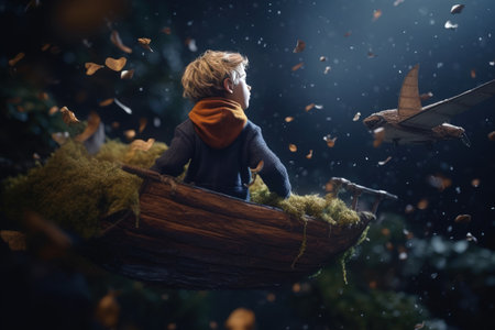 The Little Prince. Antoine Marie Roger de Saint Exupery. A timeless classic, a book, a story, for children and adults. Creative reproduction, young man, hero pilot. Generative AIの素材