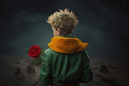 The Little Prince. Antoine Marie Roger de Saint Exupery. A timeless classic, a book, a story, for children and adults. Creative reproduction, young man, hero pilot. Generative AIの素材