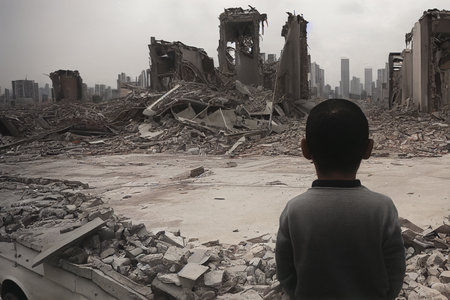 destitute and who lost everything in the war, home, family, residence, immovable property, pray. Destruction of happiness, pain and loneliness, the dust of aggression and war. The end death.の素材