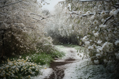 Sudden and unexpected cold snap in early spring, cold climate, spoiled weather, snow wind, early cold, morning frost, empty cities and streets, snow-covered landscapes, gloomy desolation.の素材