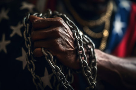 Black Lives Matter. The problem of culture, racism, and the descrImination of slavery. Juneteenth Emancipation Day. June 19. Freedom of Glosa Rights , fist of the chain Afro-Americanの素材
