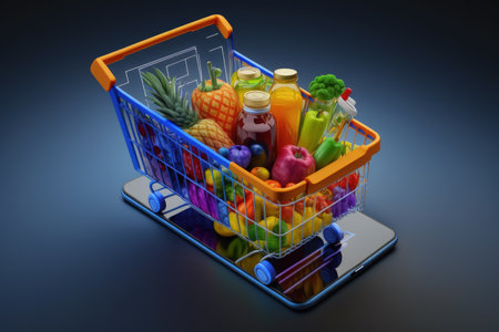 Mobile app and e-commerce shopping, Online shopping, Fashion Buying groceries online shopping cart, groceries on smartphone, online shopping technology digital payment from mobile phoneの素材