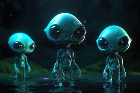 world ufo day, flying in space, Exploring extraterrestrial civilization, aliens, strangers, flying saucer, abduction, 2 July, green humans. unidentified flying objects.の素材