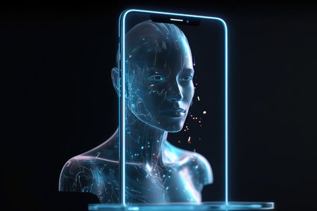 Cell phone of the future transparent invisible, mobile, Siri Alice hologram artificial intelligence, smartphone Ai, Metaverse and Blockchain Technology, innovative future data network.の素材