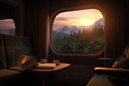 The train view from the window. Panoramic and free view, perspective, rest in motion, vacation freedom. relaxation. It beckons the unknown in the future. Sunset through the windowの素材