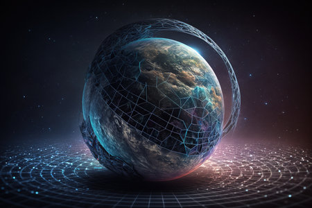 Gravity planet earth, gravitational waves concept. physical and technology background. Design with gravity grid and spheres, line warp, Curved spacetime. In the general theory of relativity.の素材