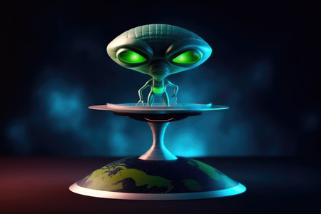 world ufo day, flying in space, Exploring extraterrestrial civilization, aliens, strangers, flying saucer, abduction, 2 July, green humans. unidentified flying objects.の素材