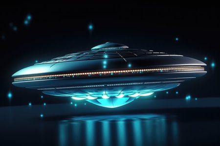world ufo day, flying in space, Exploring extraterrestrial civilization, aliens, strangers, flying saucer, abduction, 2 July, green humans. unidentified flying objects.の素材