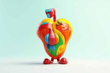 Heart. Cute cartoon healthy human anatomy internal organ character set with brain lung intestine heart kidney liver and stomach mascots. parts of living body organs in animated formの素材