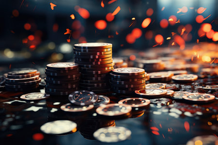 online casino, Creative poker, betting gambling casino chip soccer football basketball tennis balls, Casino background. Slot machine with roulette wheel. laptop notebook concept. Falling poker chipsの素材