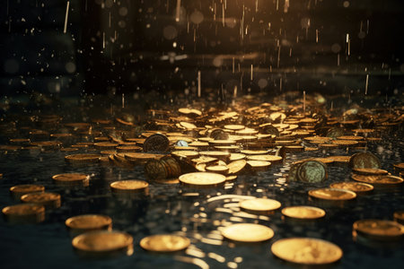Background for business ideas and design. Chart for financial investment concept, gold coins, money, currency, investments, wealth, Successful investments, finances and economicsの素材