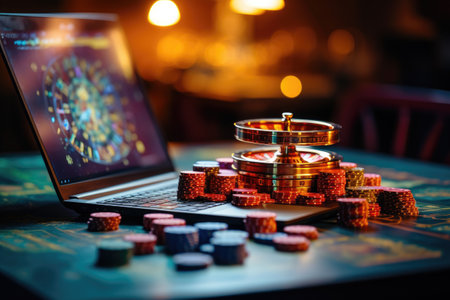 online casino, Creative poker, betting gambling casino chip soccer football basketball tennis balls, Casino background. Slot machine with roulette wheel. laptop notebook concept. Falling poker chipsの素材