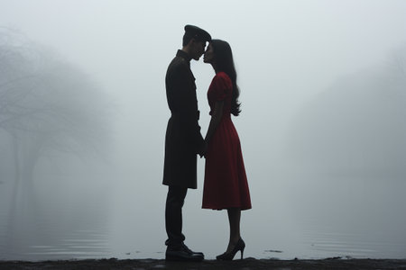 The meeting of a soldier with his beloved woman, the embrace of loved ones after a long separation, the soldier's return home, the happiness of touching and hugging, long-awaited separation.の素材