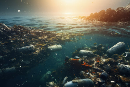 Ocean pollution, environmental Oil and oil products, sewage, chemicals, heavy metals, radioactive waste, mercury, and plastics. Danger of marine life population, save the planet, ecological .の素材