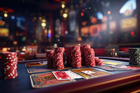 online casino, Creative poker, betting gambling casino chip soccer football basketball tennis balls, Casino background. Slot machine with roulette wheel. laptop notebook concept. Falling poker chipsの素材