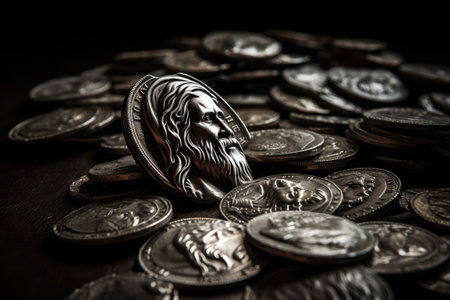 Judas 30 pieces of silver, sack thirty coins biblical symbol betrayal, religion, Bible A crown of thorns with thorns, a noose gallows ,creative reproduction of history Jesus Christ God.の素材