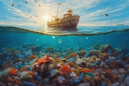 Ocean pollution, environmental Oil and oil products, sewage, chemicals, heavy metals, radioactive waste, mercury, and plastics. Danger of marine life population, save the planet, ecological .の素材