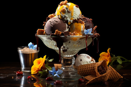 Ice cream, a dessert foodstuff, an ancient delicacy. Food in heat and summer, candy and tasty, a refreshing dessert, sweet. Frozen dessert of fruit, cream of dairy productsの素材
