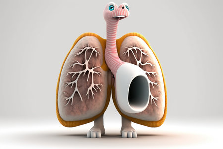 lungs. Cute cartoon healthy human anatomy internal organ character set with brain lung intestine heart kidney liver and stomach mascots. parts of living body organs in animated formの素材