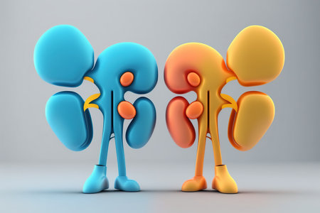 Kidneys. Cute cartoon healthy human anatomy internal organ character set with brain lung intestine heart kidney liver and stomach mascots. parts of living body organs in animated formの素材