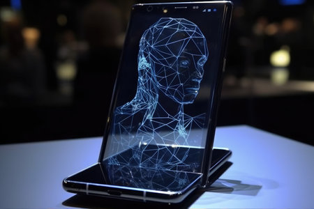 Cell phone of the future transparent invisible, mobile, Siri Alice hologram artificial intelligence, smartphone Ai, Metaverse and Blockchain Technology, innovative future data network.の素材