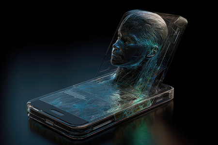 Cell phone of the future transparent invisible, mobile, Siri Alice hologram artificial intelligence, smartphone Ai, Metaverse and Blockchain Technology, innovative future data network.の素材
