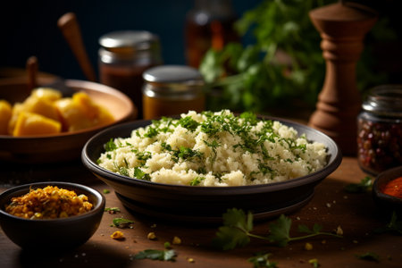 Exquisite traditional Brazilian food menu, delicious delicacy, brazilian food cuzcuz, cous cassava, farofa serving recipe culture authenticityの素材