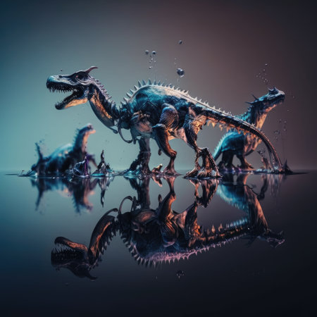 Dinosaurs. Extinct species of animals. Big strong toothy predators. Jurassic period. triceratops, T-rex, brontosaurus, pterodactyl stegosaurus pteranodon ceratosaurus, reptile.の素材