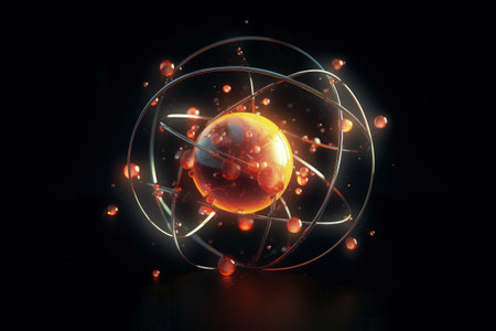 Atomic nucleus electrons neutrons protons. model shows that an atom is mostly empty space, with electrons orbiting a fixed, positively charged nucleus in set, predictable pathsの素材