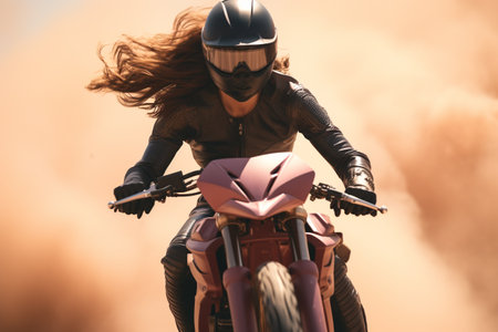 Portrait of a beautiful girl on a motorcycle, bucker, sports motocross, luxury style, glamour, cool free ride travel , leather latex clothing, lifestyle speed riding, helmet .の素材
