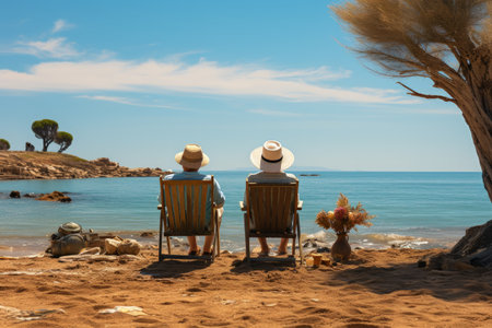 Vacation summer, golden sandy beach, sitting on sun lounger chair right on beach by sea by the water, empty pristine white sandy beach with shallow water. Carefree rest relaxation peace Inspiration.の素材